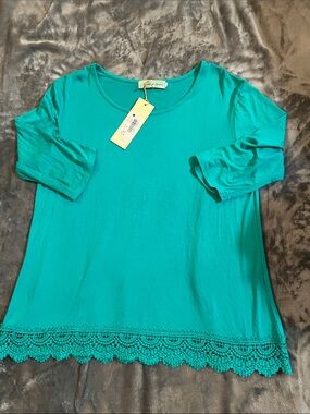 Southern Grace Teal Crochet-Hem Scoop Neck Top